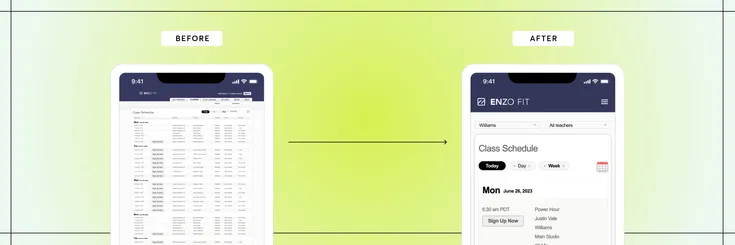 Before and after screens of Mindbody's new mobile booking product