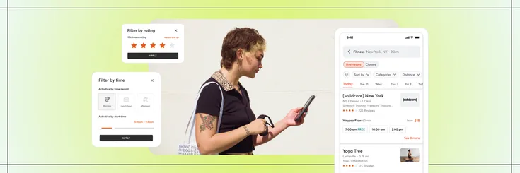 UI displayed for search functionality on the Mindbody App