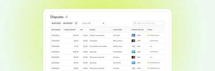 Dispute management dashboard in Mindbody software