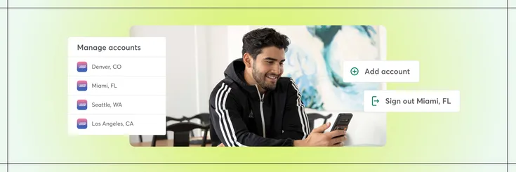 Man sitting at desk on his phone with UI of multi-location selector overlayed