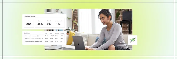 Woman on couch while on laptop with UI of marketing suite mass message send overlayed