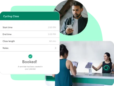 A collage demonstrating the booking capabilities of Mindbody software.