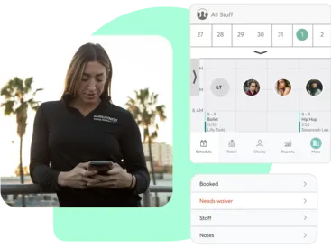 A collage showing the Mindbody business app for dance studios