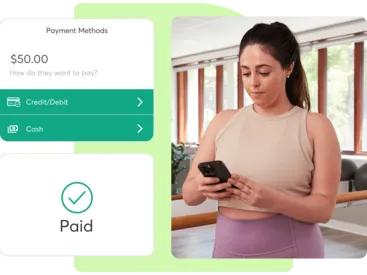 A collage showing Mindbody payment processing for group training businesses