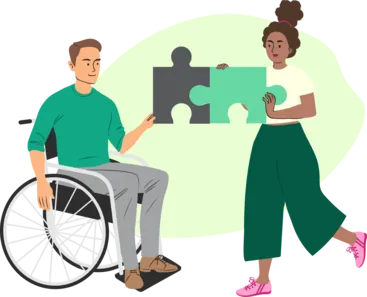 An illustration of 2 people sharing ideas