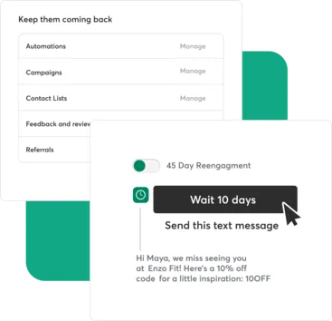 Screenshots demonstrating the communications capabilities of Mindbody Marketing Suite.