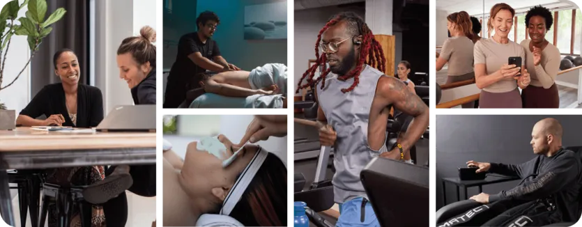 A collage of images demonstrating the marketing tools in Mindbody software.