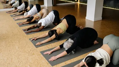 clients on yoga mats in fitness studio operating with Mindbody software 