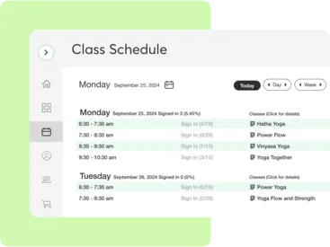 A collage showing Mindbody scheduling tools for yoga businesses